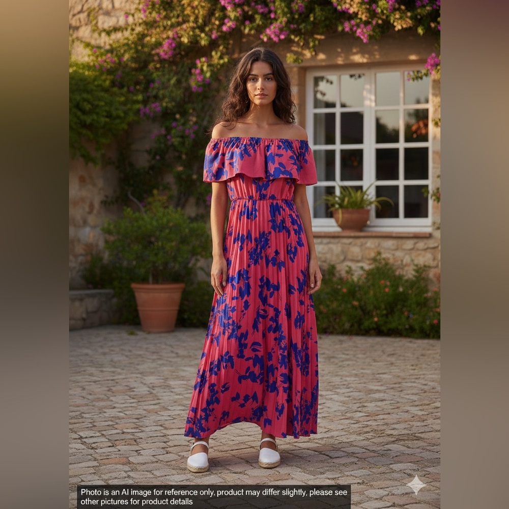 Pink and Blue Off-Shoulder Floral Maxi Dress